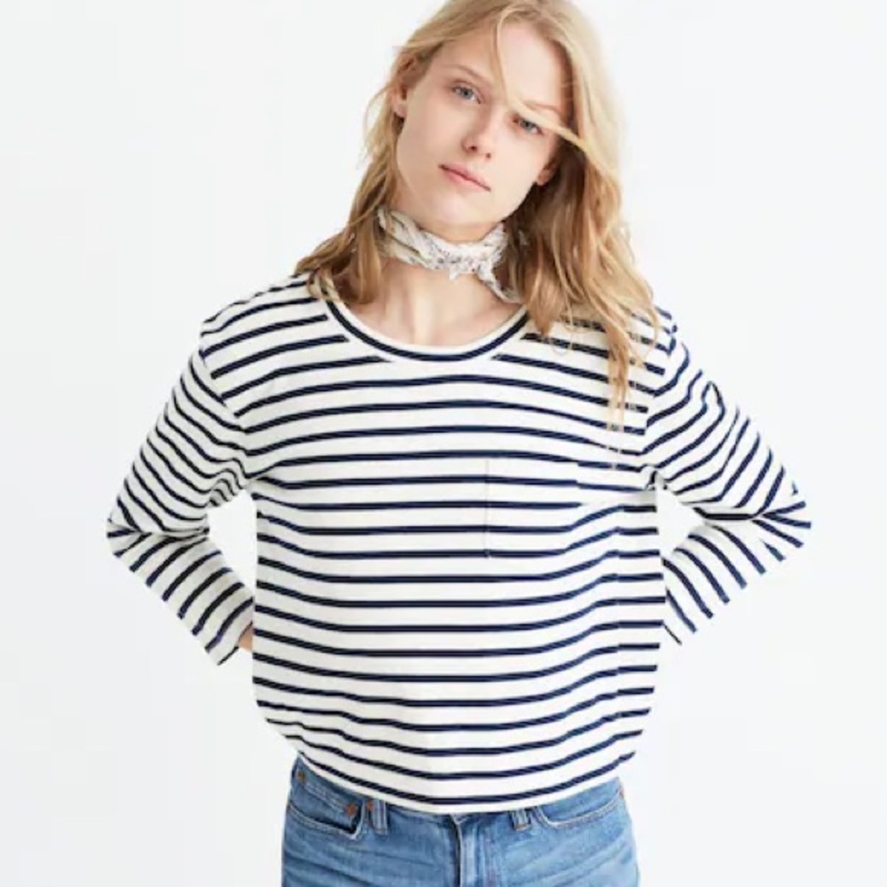 Madewell Long-Sleeve Crop Tee in Linden Stripe Bengali Indigo